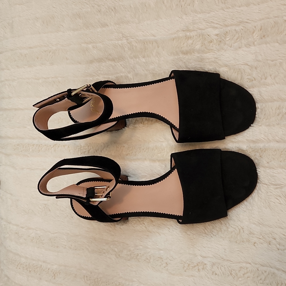 Jcrew Wide Stap Penny Block Heel Black Suede Sandals Size 10